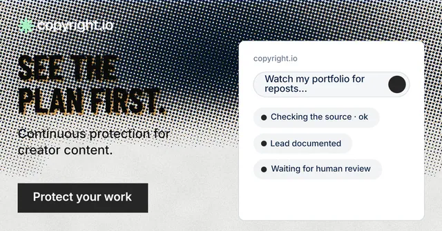 Social ad for copyright.io: "See the plan first." Retro print style, bottom layout, light palette in black, white, grey.