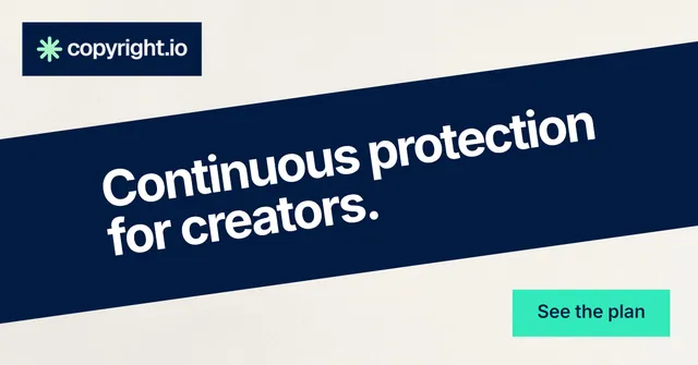 Social ad for copyright.io: "Continuous protection for creators." Swiss style, diagonal layout, light palette in white, blue, teal.