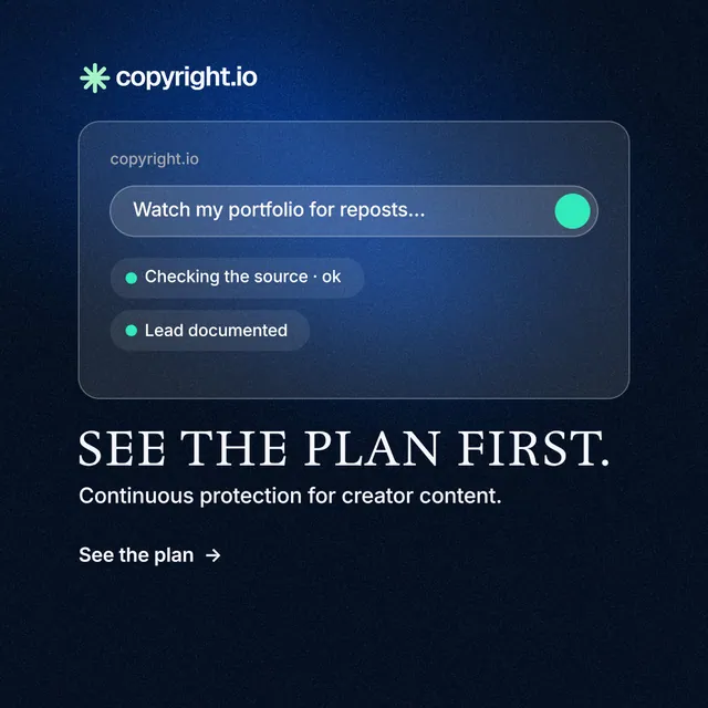Instagram post for copyright.io: "See the plan first." Minimal luxury style, bottom layout, dark palette in black, blue.