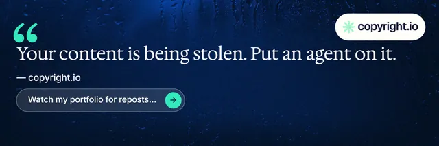 X header for copyright.io: "Evidence, documented." Agentic glass style, quote layout, dark palette in blue, black, grey.