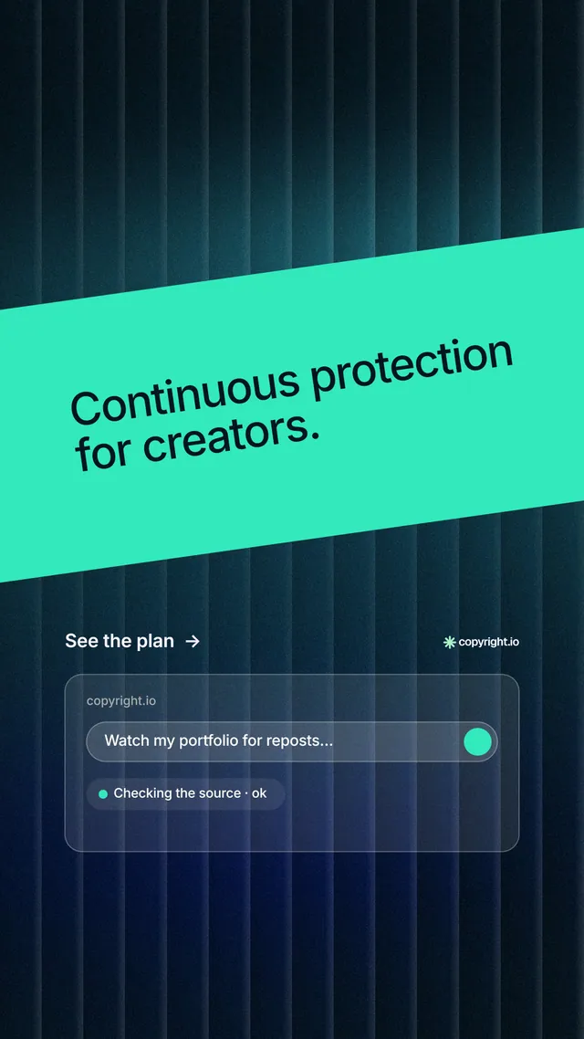 Instagram story for copyright.io: "Continuous protection for creators." Minimal luxury style, diagonal layout, dark palette in blue, black, teal.