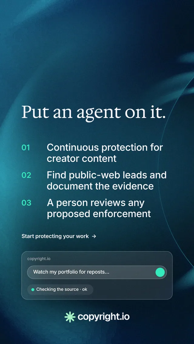 Instagram story for copyright.io: "Put an agent on it." Minimal luxury style, numbered layout, dark palette in blue, black, teal.
