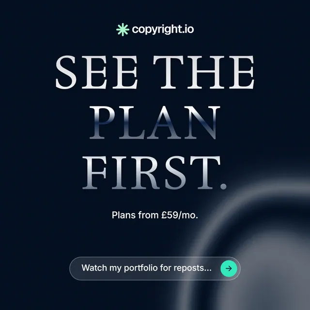 Instagram post for copyright.io: "See the plan first." Agentic glass style, centred layout, dark palette in black, grey.