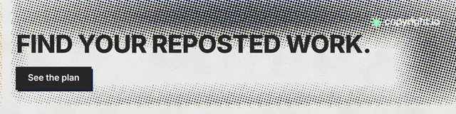 LinkedIn banner for copyright.io: "Find your reposted work." Brutalist style, skeleton layout, light palette in grey, white.
