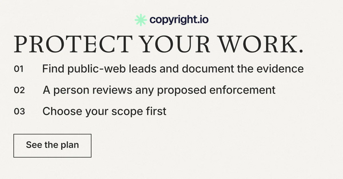 Social ad for copyright.io: "Protect your work." Editorial style, numbered layout, light palette in white, grey.