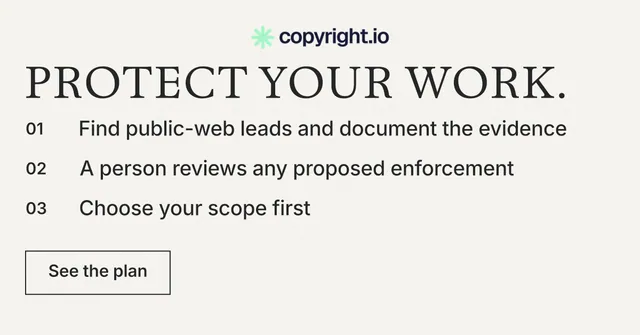 Social ad for copyright.io: "Protect your work." Editorial style, numbered layout, light palette in white, grey.