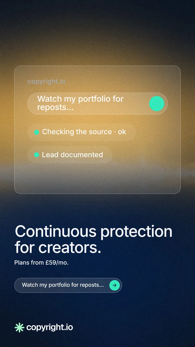 Instagram story for copyright.io: "Continuous protection for creators." Agentic glass style, bottom layout, dark palette in orange, grey, blue.