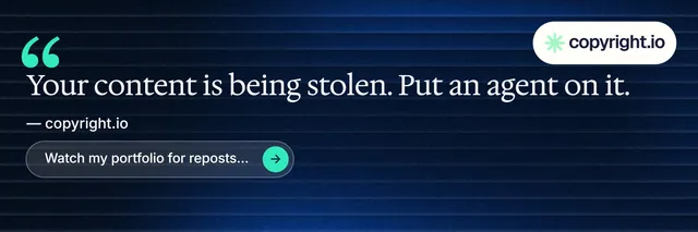 X header for copyright.io: "Reposts don't remove themselves." Agentic glass style, quote layout, dark palette in blue, black.