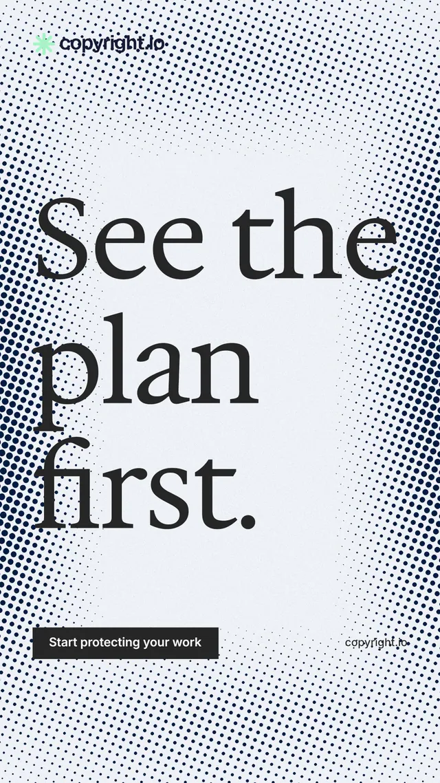 Instagram story for copyright.io: "See the plan first." Split block style, poster layout, light palette in white, grey, blue.