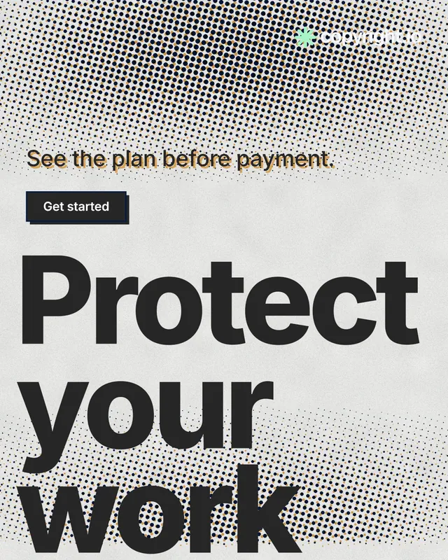 Instagram portrait post for copyright.io: "Your content is being stolen." Brutalist style, oversized layout, light palette in grey, white.