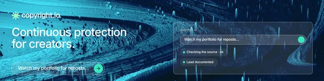 LinkedIn banner for copyright.io: "Continuous protection for creators." Agentic glass style, bottom layout, dark palette in teal, blue.