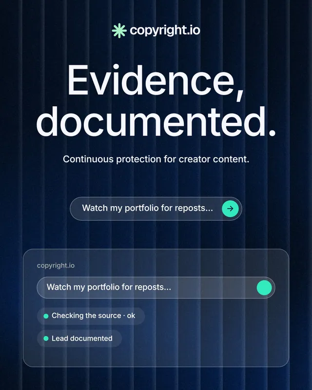Instagram portrait post for copyright.io: "Evidence, documented." Agentic glass style, centred layout, dark palette in black, blue, grey.
