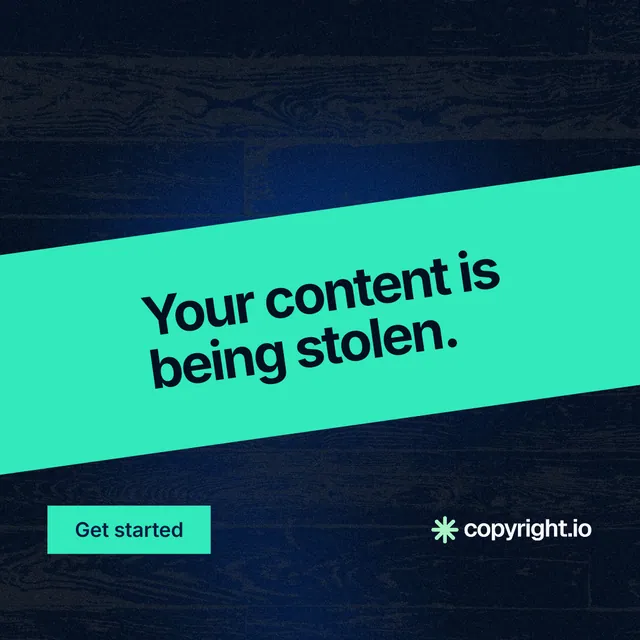 Instagram post for copyright.io: "Your content is being stolen." Swiss style, diagonal layout, dark palette in teal, black.