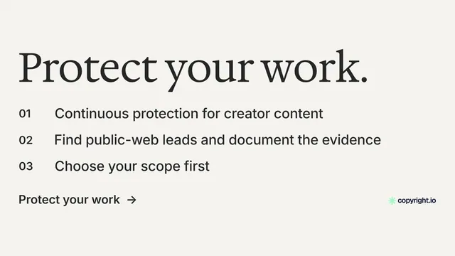 Landscape graphic for copyright.io: "Protect your work." Minimal luxury style, numbered layout, light palette in white, grey.