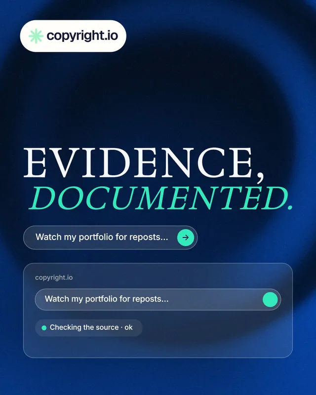 Instagram portrait post for copyright.io: "Evidence, documented." Agentic glass style, stacked layout, dark palette in blue, black.