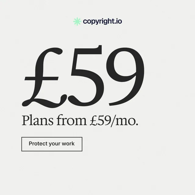 Instagram post for copyright.io: "Evidence, documented." Editorial style, stat layout, light palette in white, grey.