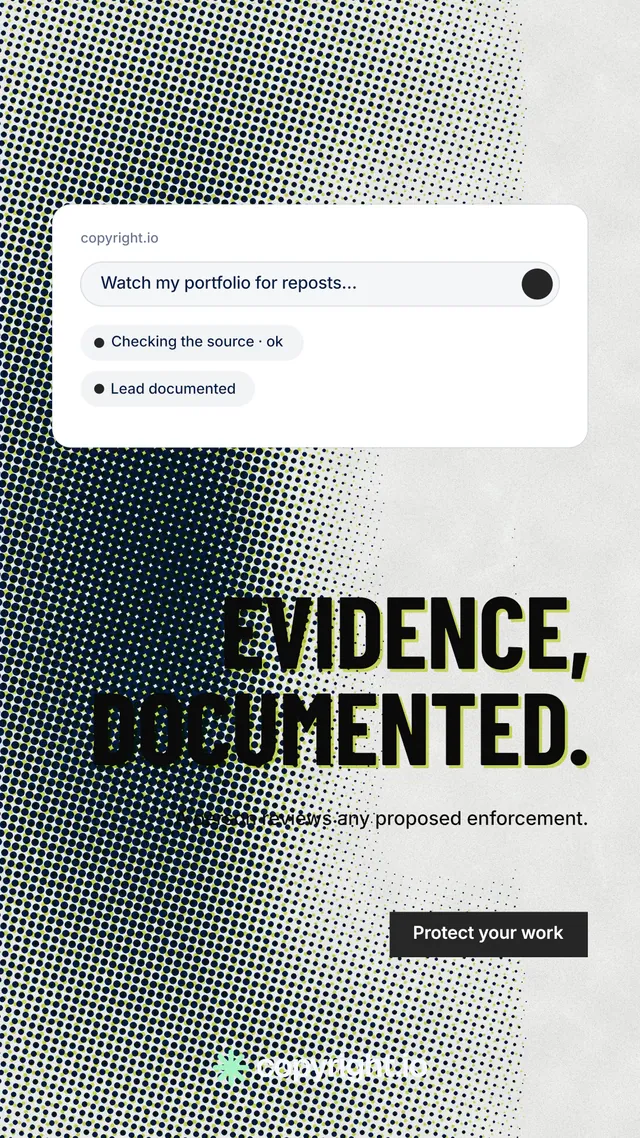 Instagram story for copyright.io: "Evidence, documented." Retro print style, right layout, light palette in grey, white.