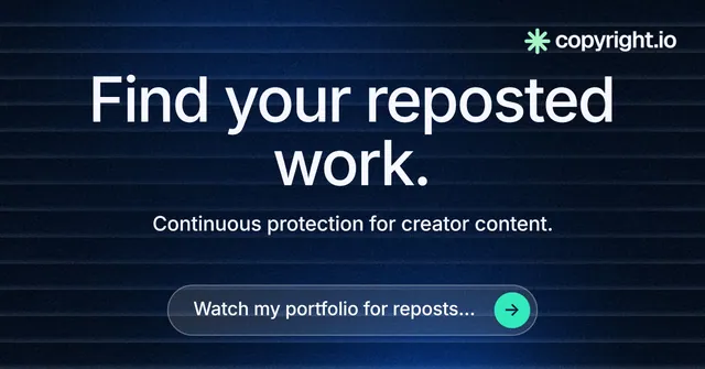 Social ad for copyright.io: "Find your reposted work." Agentic glass style, centred layout, dark palette in black, blue, grey.