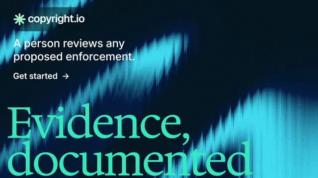 Landscape graphic for copyright.io: "Evidence, documented." Minimal luxury style, oversized layout, dark palette in black, teal, blue.