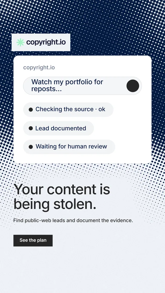 Instagram story for copyright.io: "Your content is being stolen." Retro print style, bottom layout, light palette in white, blue.