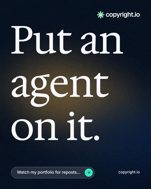 Instagram portrait post for copyright.io: "Put an agent on it." Agentic glass style, poster layout, dark palette in black, grey.