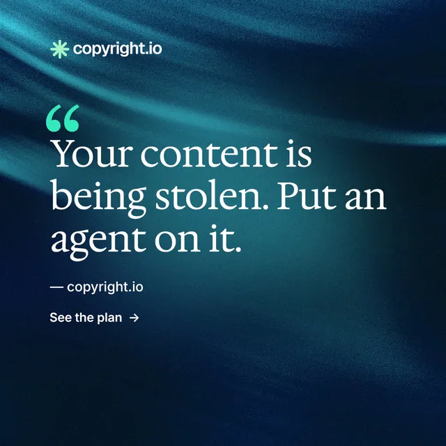 Instagram post for copyright.io: "Evidence, documented." Minimal luxury style, quote layout, dark palette in blue, black, teal.