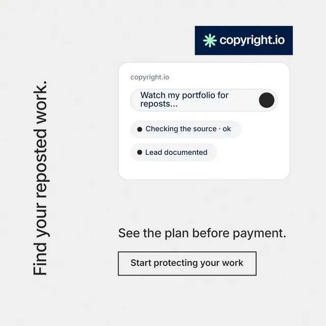 Instagram post for copyright.io: "Find your reposted work." Editorial style, vertical layout, light palette in white.