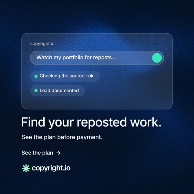 Instagram post for copyright.io: "Find your reposted work." Minimal luxury style, bottom layout, dark palette in black, blue.