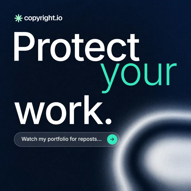 Instagram post for copyright.io: "Protect your work." Agentic glass style, stacked layout, dark palette in black, blue, white.