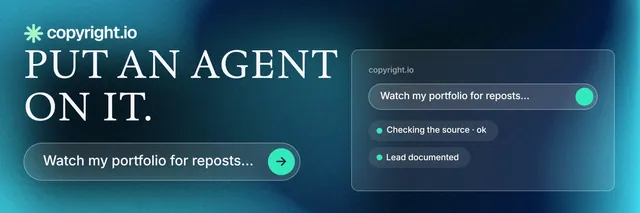 X header for copyright.io: "Put an agent on it." Agentic glass style, skeleton layout, dark palette in blue, teal, black.