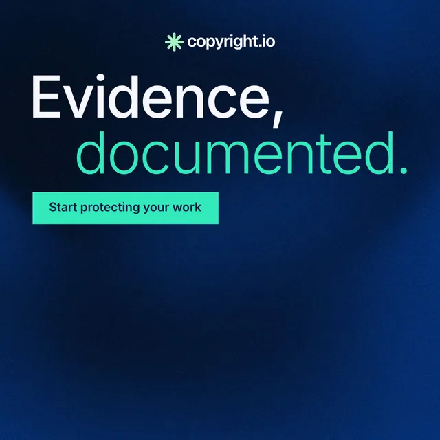 Instagram post for copyright.io: "Evidence, documented." Swiss style, stacked layout, dark palette in blue, black, teal.