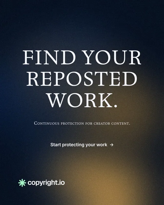 Instagram portrait post for copyright.io: "Find your reposted work." Minimal luxury style, smallcaps layout, dark palette in black, grey, blue.