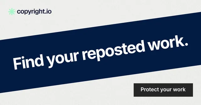 Social ad for copyright.io: "Find your reposted work." Swiss style, diagonal layout, light palette in white, blue.
