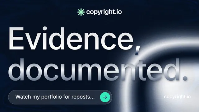 Landscape graphic for copyright.io: "Evidence, documented." Agentic glass style, poster layout, dark palette in black, grey, blue.