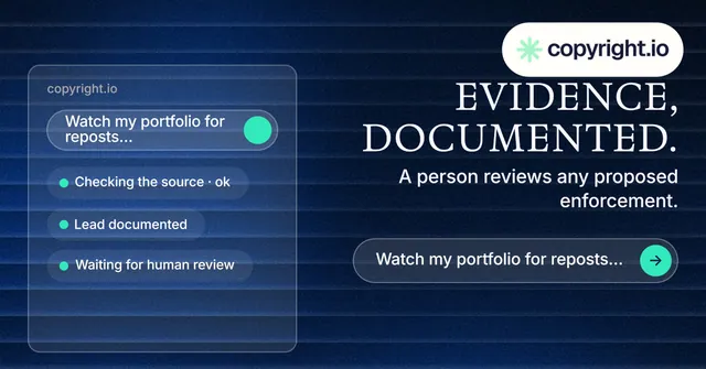 Social ad for copyright.io: "Evidence, documented." Agentic glass style, right layout, dark palette in black, blue, grey.