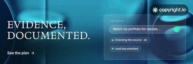 X header for copyright.io: "Evidence, documented." Minimal luxury style, bottom layout, dark palette in blue, teal.