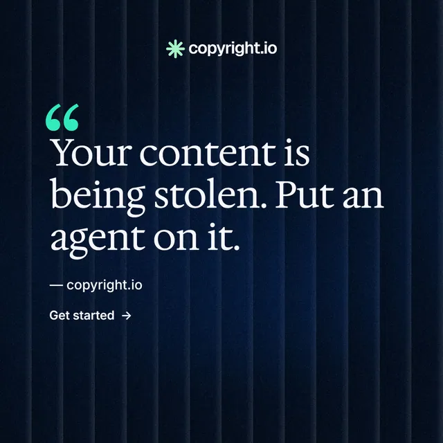 Instagram post for copyright.io: "Evidence, documented." Minimal luxury style, quote layout, dark palette in black, blue.