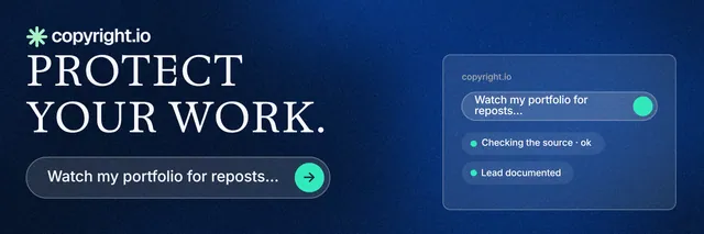X header for copyright.io: "Protect your work." Agentic glass style, skeleton layout, dark palette in black, blue.