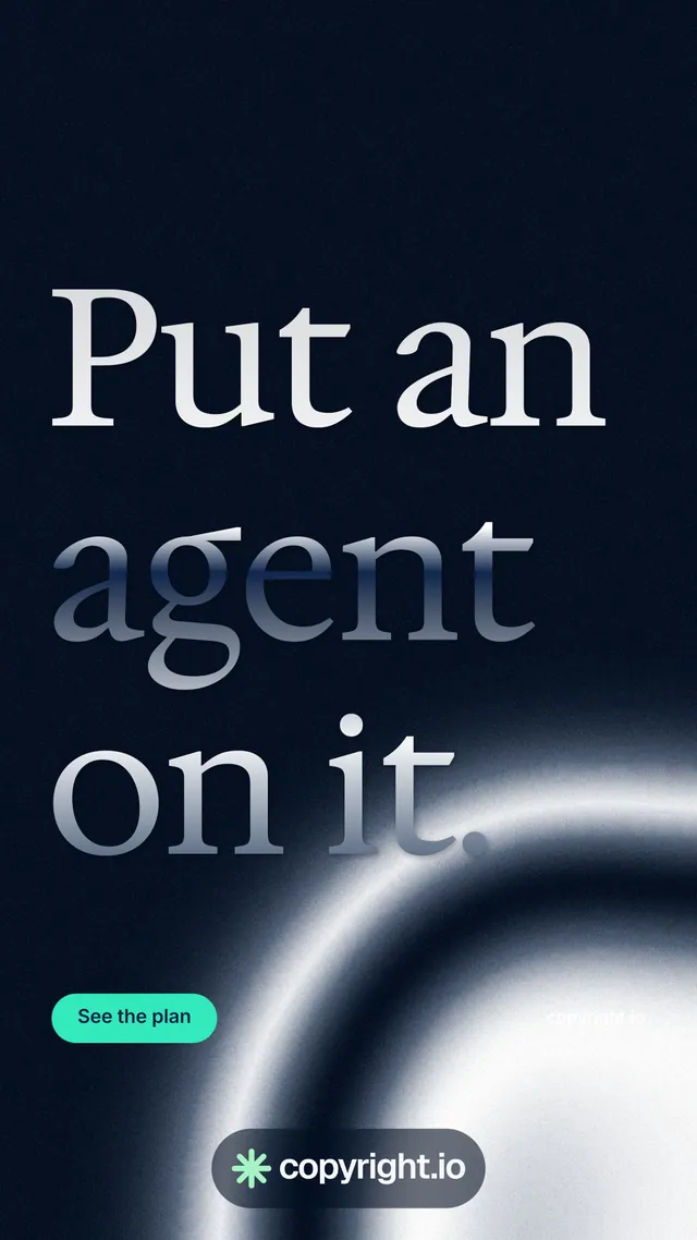 Instagram story for copyright.io: "Put an agent on it." Y2K style, poster layout, dark palette in black, grey, blue.