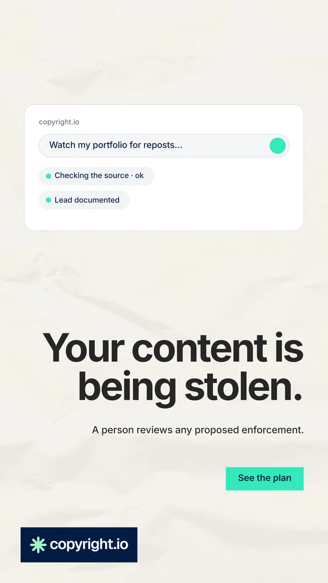 Instagram story for copyright.io: "Your content is being stolen." Swiss style, right layout, light palette in white, grey.