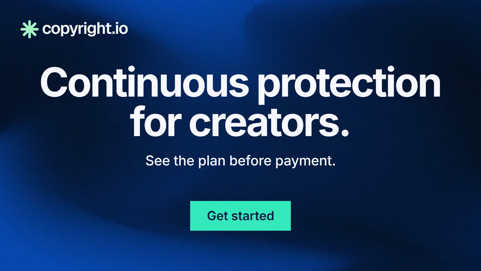 Landscape graphic for copyright.io: "Continuous protection for creators." Swiss style, centred layout, dark palette in blue, black.
