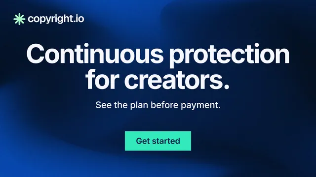 Landscape graphic for copyright.io: "Continuous protection for creators." Swiss style, centred layout, dark palette in blue, black.