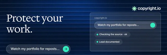 X header for copyright.io: "Protect your work." Agentic glass style, bottom layout, dark palette in black, blue.