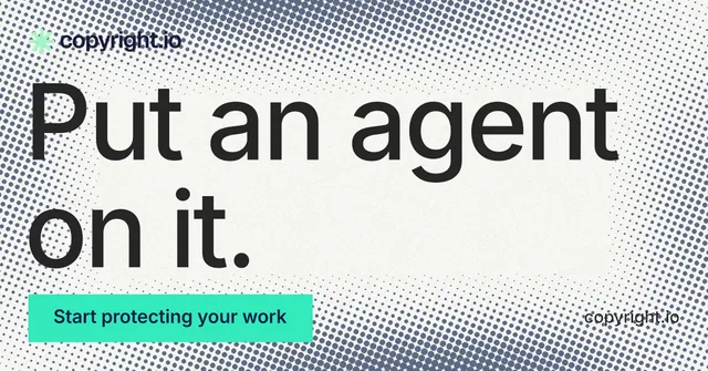 Social ad for copyright.io: "Put an agent on it." Swiss style, poster layout, light palette in white, grey, teal.