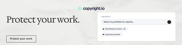 LinkedIn banner for copyright.io: "Protect your work." Editorial style, bottom layout, light palette in white.