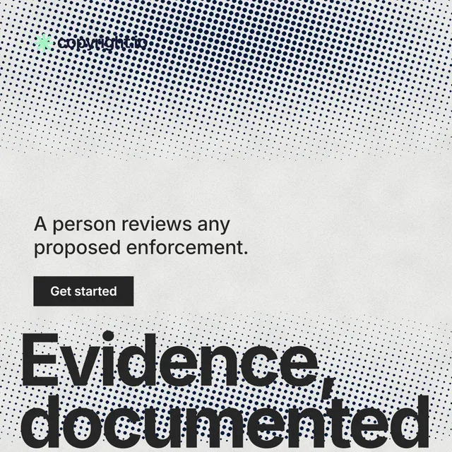 Instagram post for copyright.io: "Put an agent on it." Swiss style, oversized layout, light palette in grey, white.