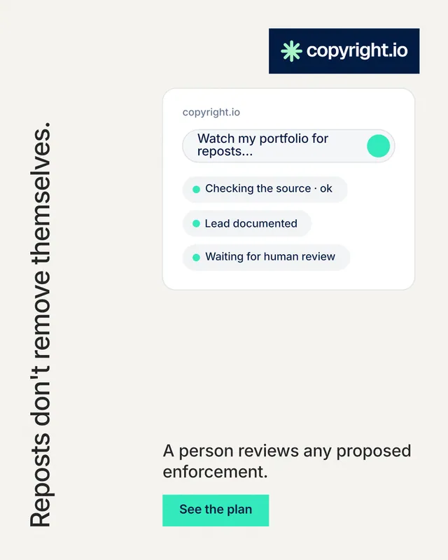 Instagram portrait post for copyright.io: "Reposts don't remove themselves." Swiss style, vertical layout, light palette in white, grey.