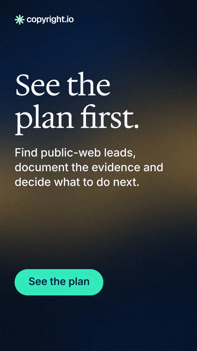 Instagram story for copyright.io: "See the plan first." Agentic glass style, skeleton layout, dark palette in black, grey, blue.