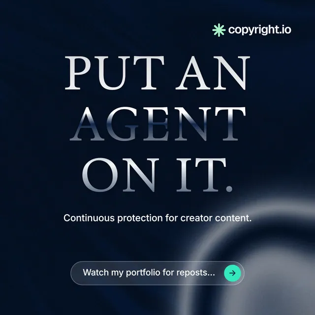 Instagram post for copyright.io: "Put an agent on it." Agentic glass style, centred layout, dark palette in black, grey, blue.