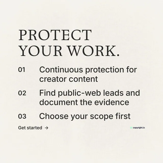 Instagram post for copyright.io: "Protect your work." Minimal luxury style, numbered layout, light palette in white, grey.